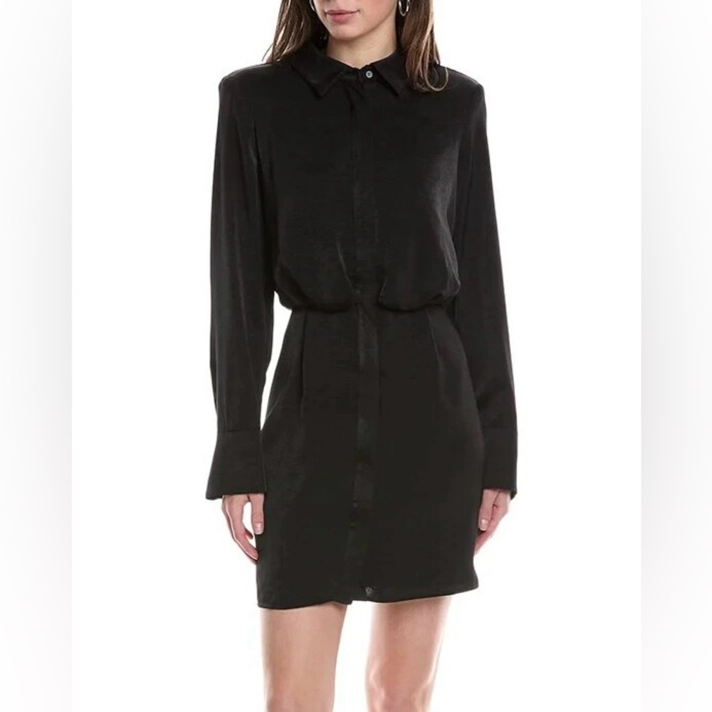 BCBG Women’s Black Satin Button Up Collared Shirt Dress Size L Whimsical Neutral